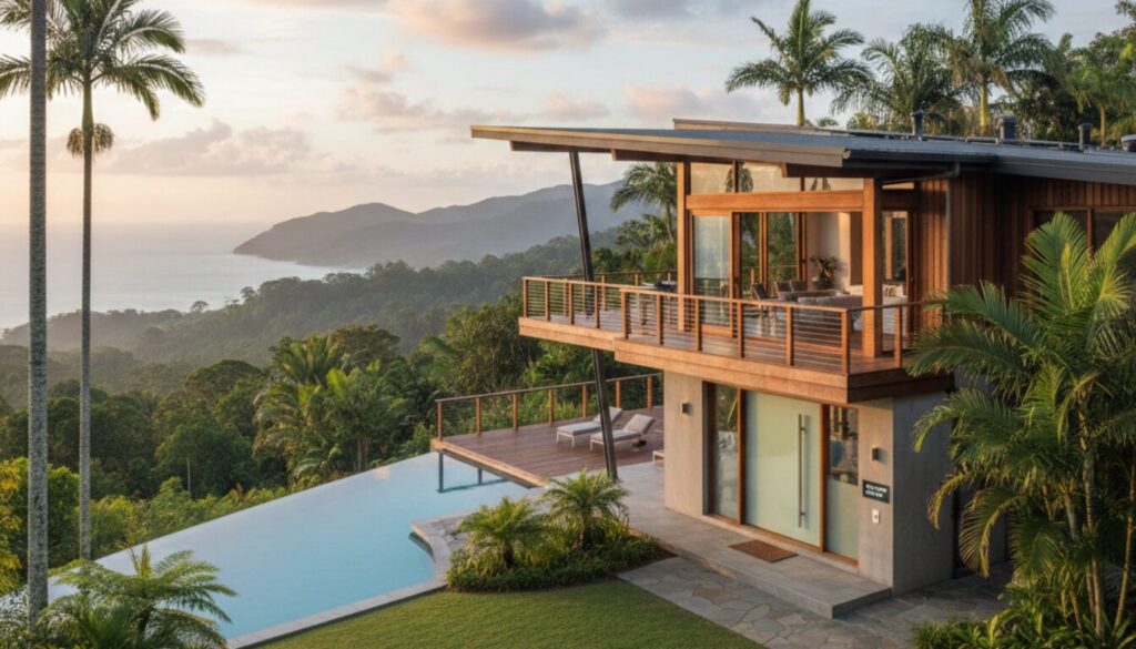 Modern home with ocean view and infinity pool.