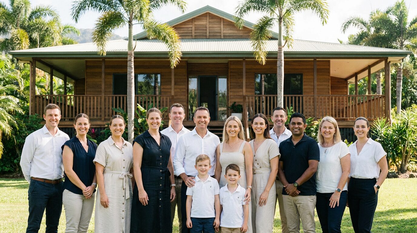 Group in front of wooden house, palm trees.