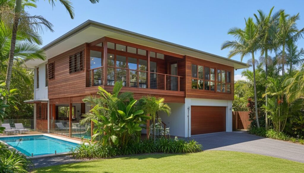 Modern Queensland home with pool and tropical plants.