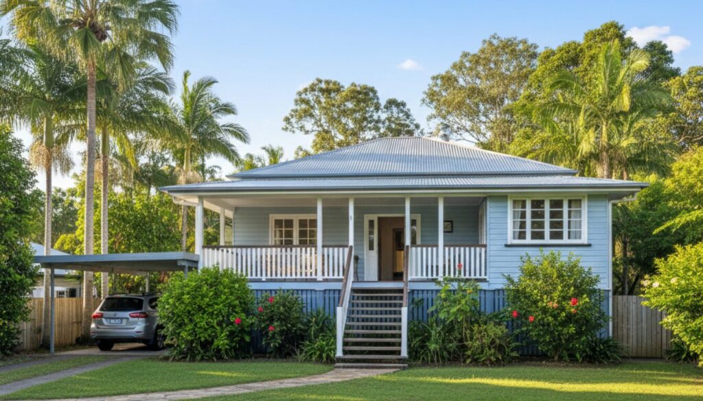 Queenslander style house surrounded by palm trees