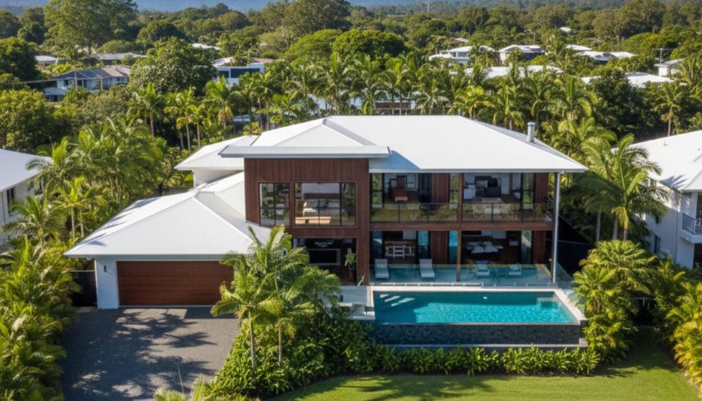Modern home with pool and palm trees.