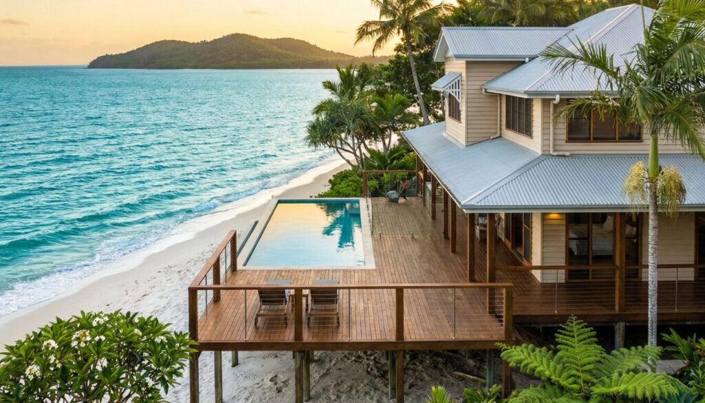 Beachfront house with wooden deck and pool.