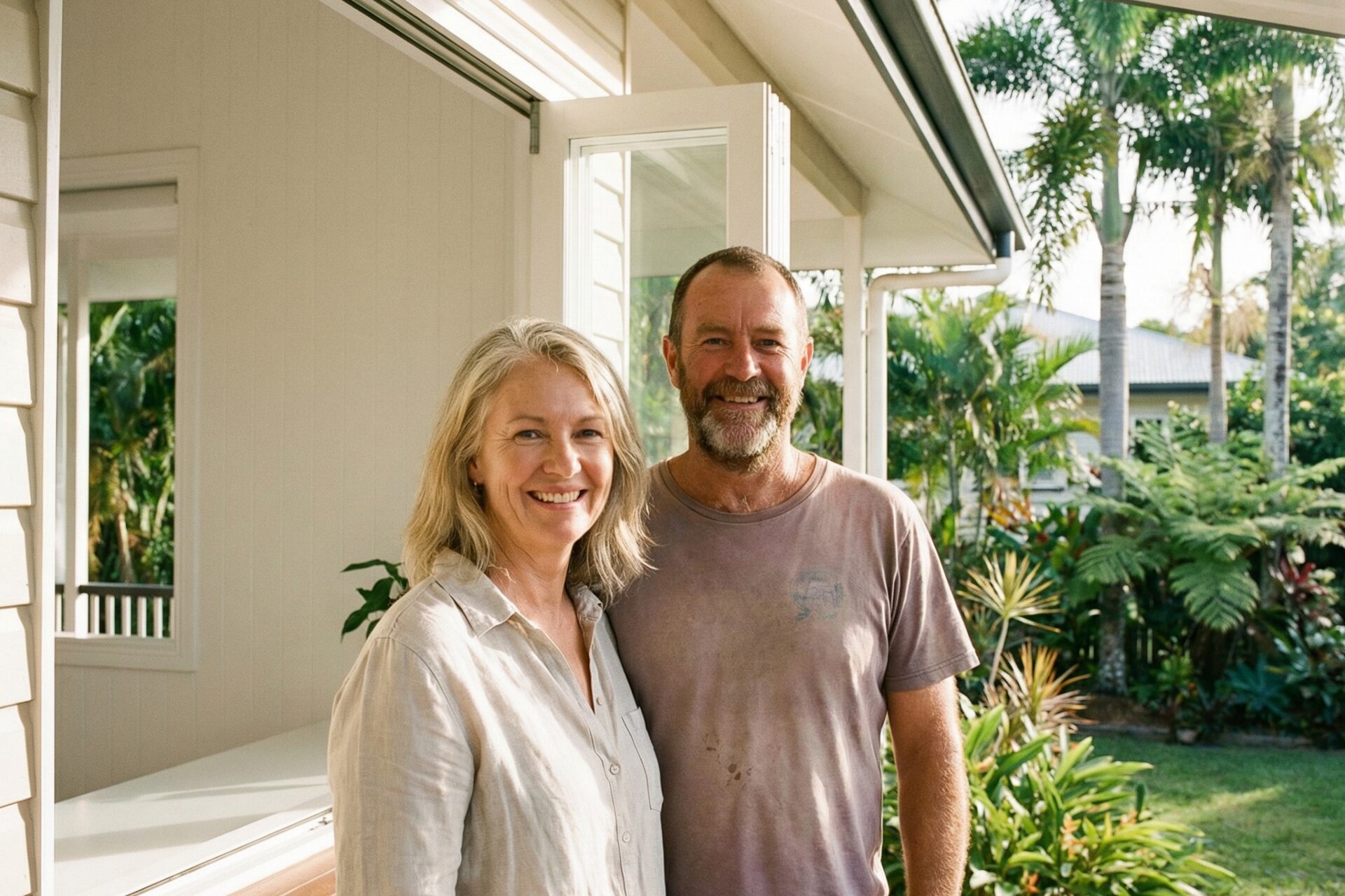 Smiling couple outside tropical house