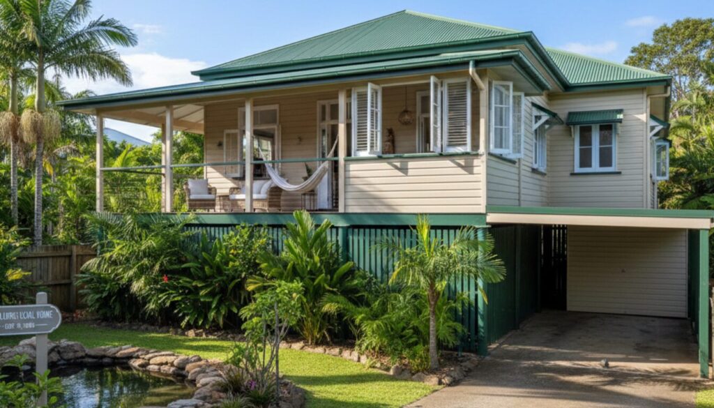Queenslander home with verandah and lush garden