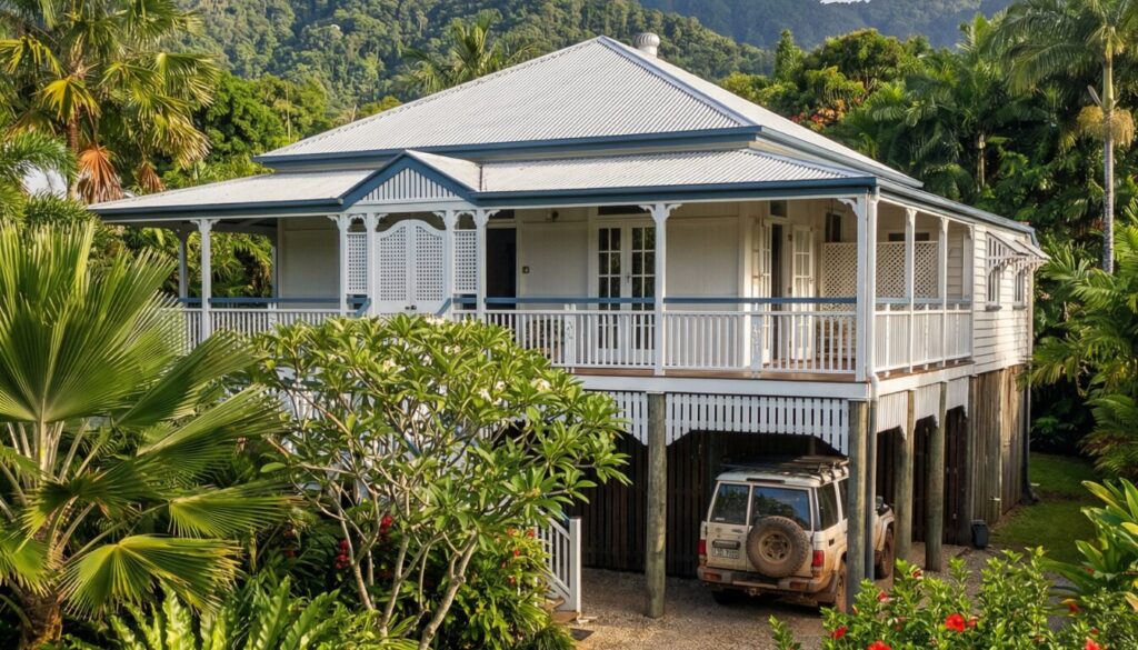 Elevated Queenslander home surrounded by tropical gardens.