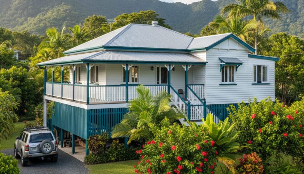 Tropical Queenslander house surrounded by lush greenery.
