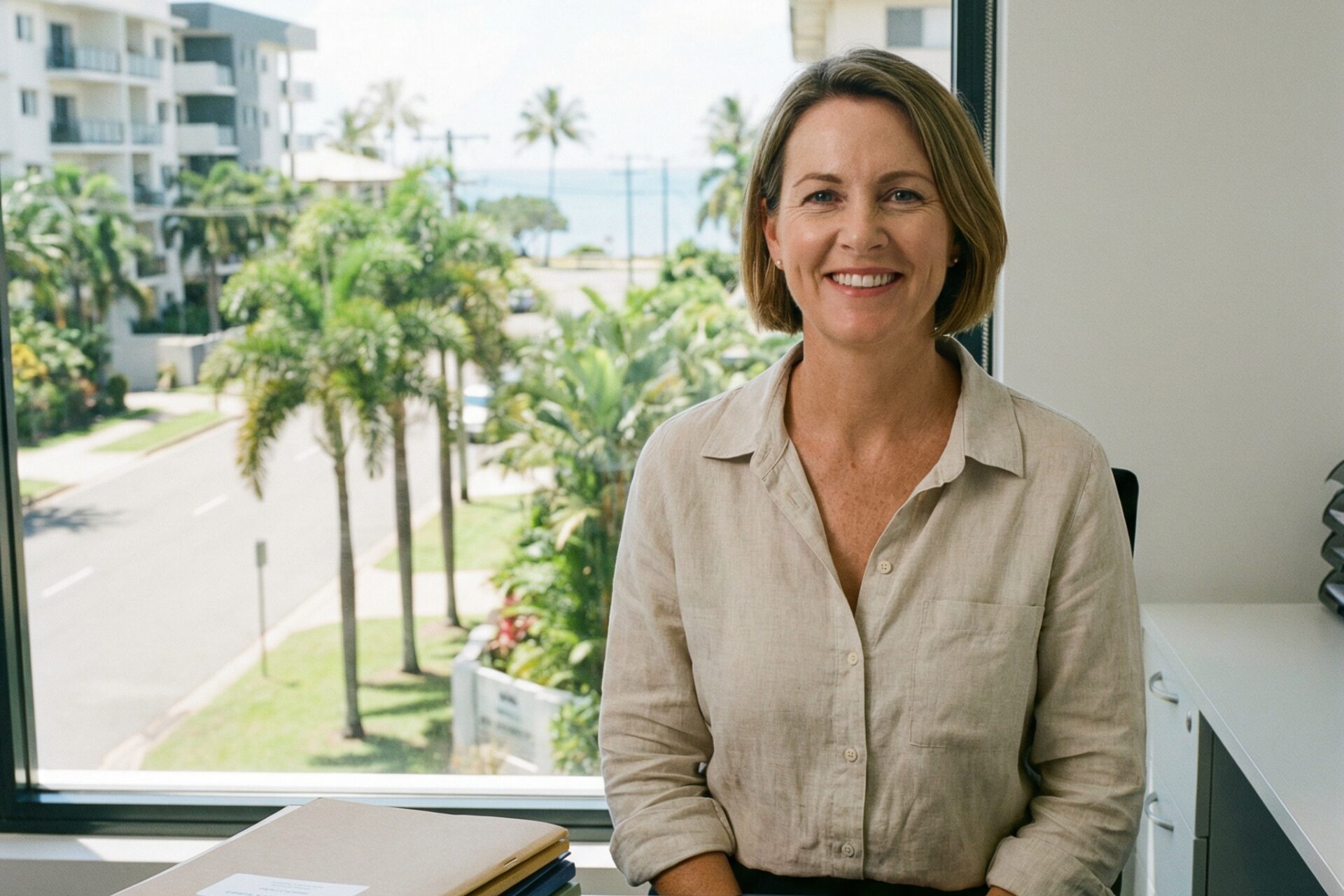 Smiling woman in office near beachside window view.