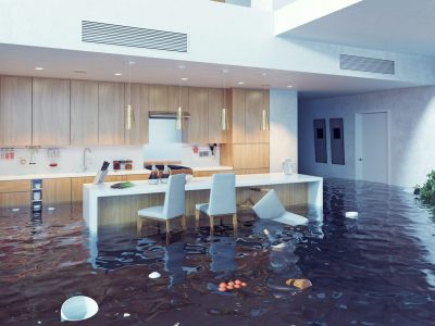 flooding in luxurious kitchen interior. 3d creative concept